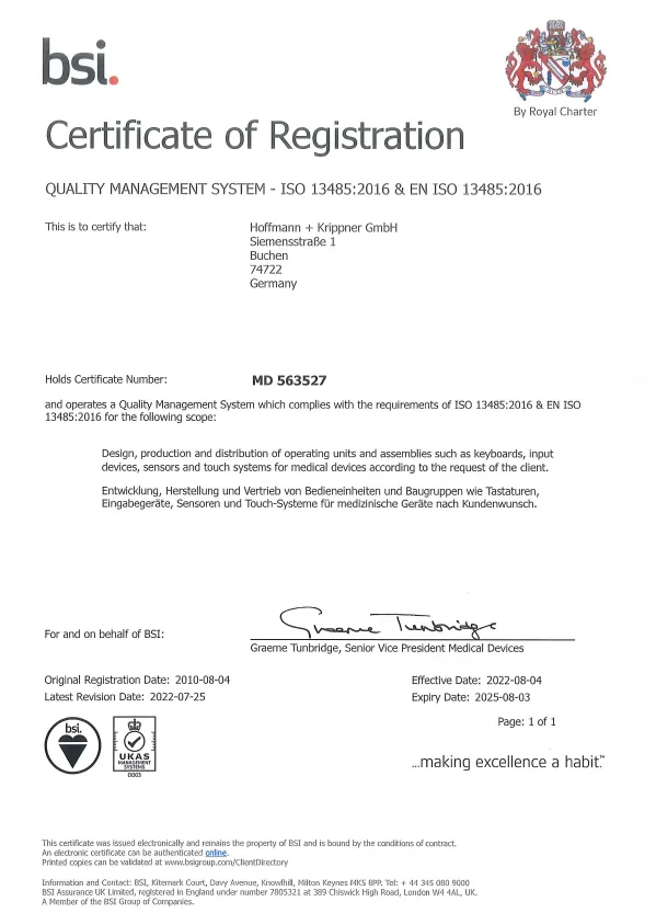 Hoffmann + Krippner - Zertifikat ISO 13485