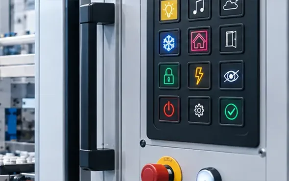 Beleuchtete Displaytasten an einem industriellen Bedienpanel neben einem Not-Aus-Taster