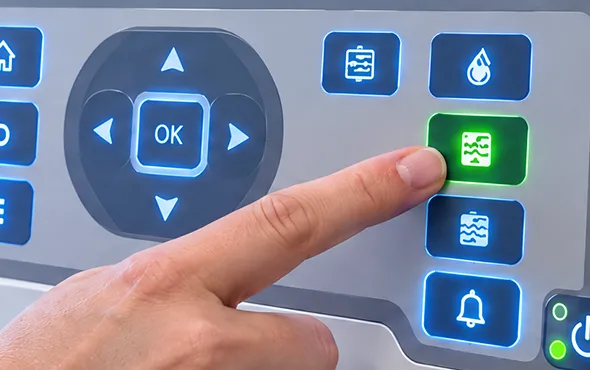 Finger drückt eine grün beleuchtete Taste einer Folientastatur