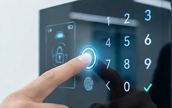 Finger bedient das beleuchtete Ziffernfeld einer kapazitiven Tastatur