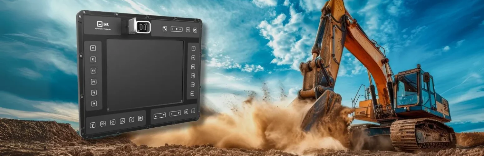 Robustes Touch-Display mit einem Bagger im Hintergrund